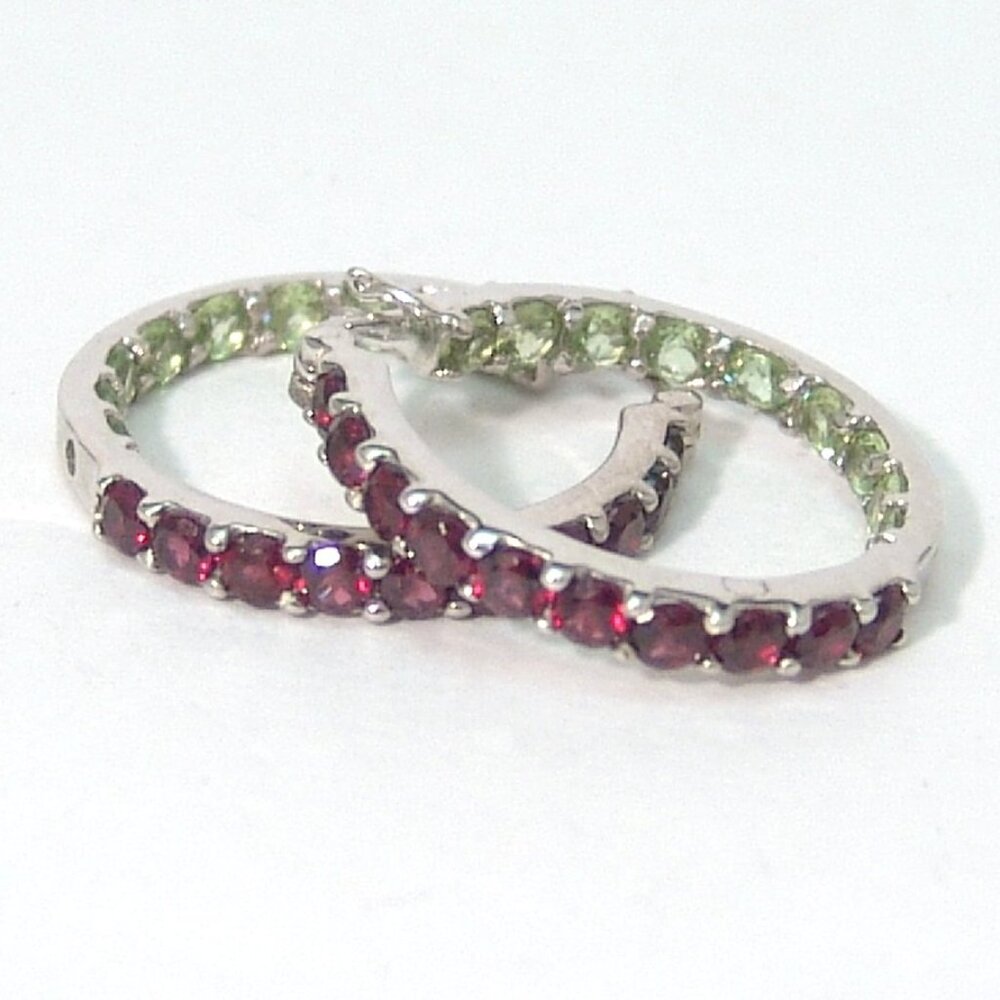 Sterling Silver Rhodolite Garnet Peridot Hoop Earrings 1" Rhodium Anti Tarnish